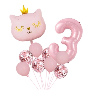 Pink cat face balloon with number 3 and gold crown for toddler 3rd birthday party decor