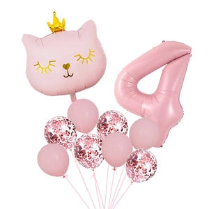Pink cat foil balloon with crown and number 4 set for girls 4th birthday party decor