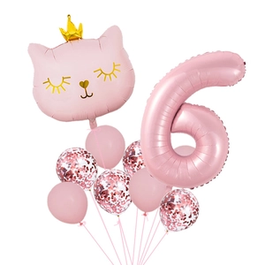 Pink cat face balloon with crown and number 6 balloon set for girl birthday decor