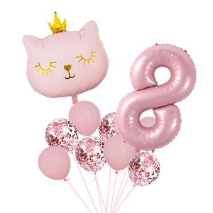 Close-up of pink cat crown balloon and number 8 balloon set with confetti latex globes
