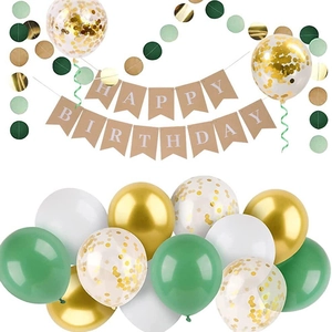 Kit de Décoration de Fête Bannière Happy Birthday en Papier Kraft Rétro Avec Ballons en Latex Vert Or Ballons Pailletés Guirlande de Papier Circulaire