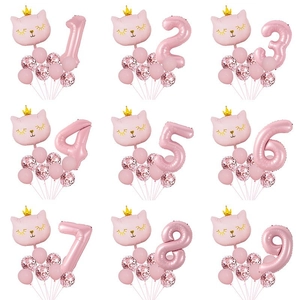 Pink Crown Cat Number Balloon Sequin Latex Aluminum Foil Balloons For Children One Year Old Birthday Party Decoration