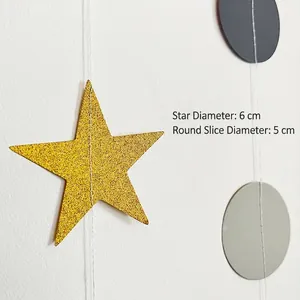 Golden glitter star and grey circle paper garland banner for party decoration 4m long