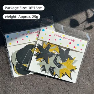 Star and circle glitter paper garland banner for party decoration gold and black set