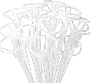 Close-up of clear balloon stick sets with cups for party decoration display