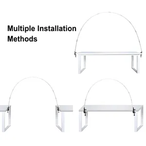 Silver metal balloon arch stand with table clips shown in three adjustable width options