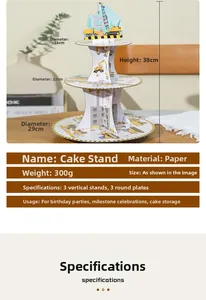 Three-tier cardboard cake stand showing 16cm, 22cm, and 29cm diameter trays