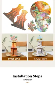 Three-tier cardboard cupcake stand with dinosaur and construction vehicle themes