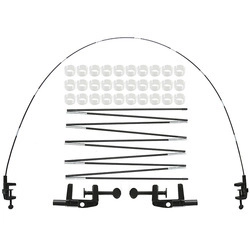 Components of table balloon arch kit including fiber rods, desk clamps, and ring clips