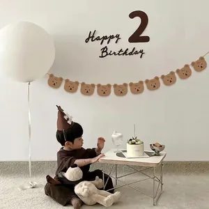 Bannière en Papier Ours Brun de Dessin Animé pour Décoration de Fête d'Anniversaire d'Enfants Guirlande Tête d'Animal