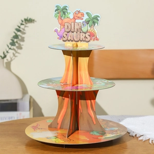Three-tier dinosaur themed cardboard cupcake stand for kids birthday party dessert display