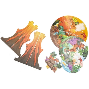 Dinosaur themed paper cupcake stand set featuring cartoon T-Rex and volcano shapes