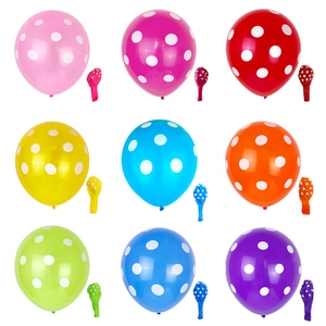 Thick 12-inch 2.8g latex balloons with white polka dots in nine assorted bright colors