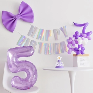 Set globo número 5 morado con pancarta Happy Birthday y lazo para decoración de 5 años
