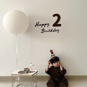 Brown felt Happy Birthday wall sticker set and party hat for toddler photo backdrop
