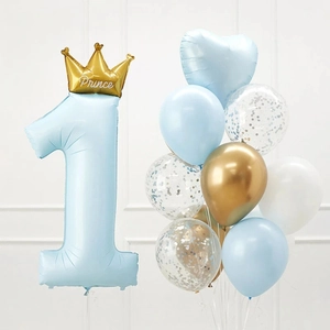 Ballon chiffre 1 bleu avec couronne de prince dorée pour décoration anniversaire garçon