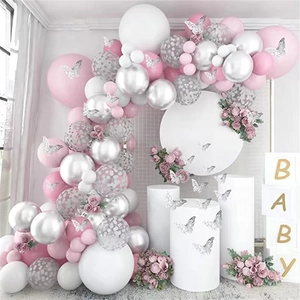 Pink and silver balloon garland kit with baby blocks and butterflies for party decoration