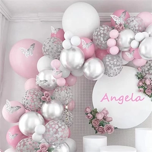 Pink and white balloon arch kit with silver butterflies and roses for party decoration