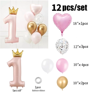 Kit 12 ballons chiffre 1 rose princesse avec couronne et ballons en latex confettis