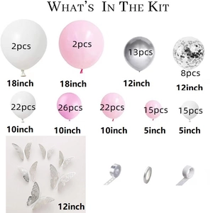 Pink and silver balloon garland kit with confetti latex balloons and butterfly wall stickers