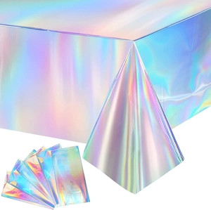 Holographic laser disco party tablecloth with iridescent rainbow metallic visual effect