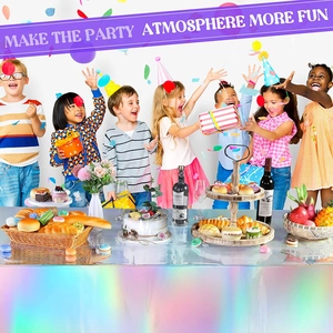 Holographic laser party tablecloth with iridescent rainbow finish for birthday events