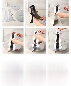 Detailed step-by-step assembly guide for a 3-tier silver cardboard tiered dessert stand