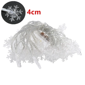 Macro detail of 4cm snowflake-shaped LED light heads on a clear plastic string cord