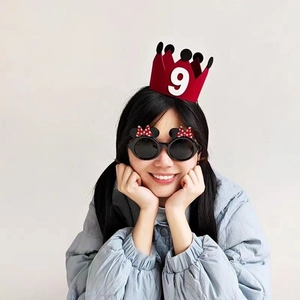 Red 9th birthday crown hat with cartoon mouse ears sunglasses for party photography