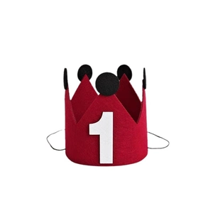 Red felt 1st birthday crown hat with white number one and black pom-poms for baby party