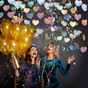 Iridescent laser heart garland for romantic wedding and party decoration with gold balloons
