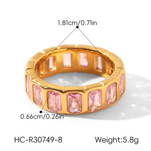 Detailed view of gold plated pink zircon ring with dimension and weight specifications.