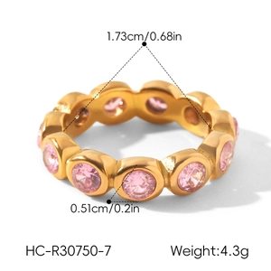 Detail view of gold stainless steel ring with pink cubic zirconia showing dimensions
