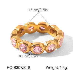 Detailed view of pink zircon eternity ring with diameter and weight measurements.