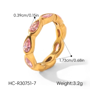 Gold plated stainless steel eternity ring with pink teardrop zircons and size details