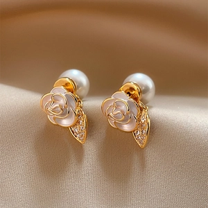 Women's Elegant Alloy Camellia Artificial Pearl Rhinestone Stud Earrings Gold Enamel Leaf Jewelry Gift With Silver Earring Post