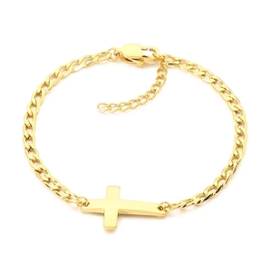 Minimalist gold-plated stainless steel curb chain bracelet with a horizontal cross pendant