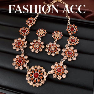 Vintage style rhinestone floral necklace and earrings jewelry set in gold-tone finish