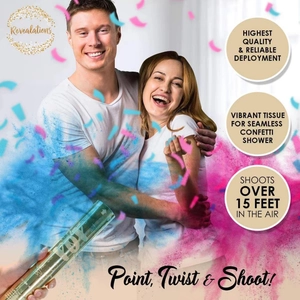Gender reveal confetti cannons with blue and pink paper for baby shower party celebrations