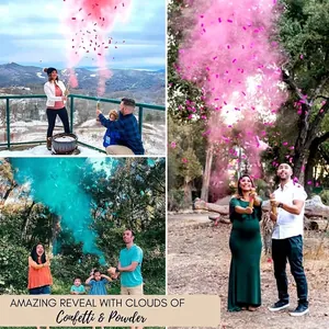 Gender reveal cannons set with smoke powder and confetti for outdoor baby shower events