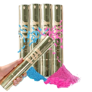 Gender reveal party popper set with gold metallic tubes for blue or pink confetti release