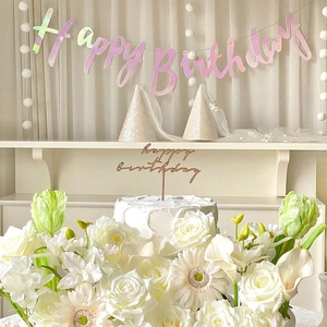 Pastel pink Happy Birthday banner with matching hat and cake topper on floral background