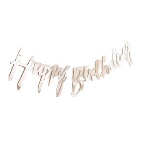 Pearlescent white Happy Birthday banner for children party decor with cursive script letters