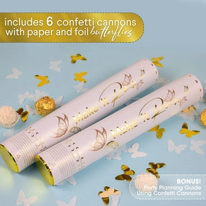 Set of 6 pink confetti cannons with gold butterfly print and metallic paper butterfly scraps