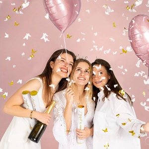 Wedding party popper set with gold 'Make It Rain' confetti and 'Bride' headband for brides