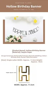 Vista dettagliata delle lettere banner Happy Birthday glitterate con dimensioni di 16cm
