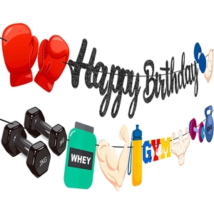 Bannière d'anniversaire fitness avec haltères, kettlebell et gants de boxe colorés
