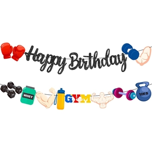 Banderole Happy Birthday à paillettes sur le thème fitness pour décoration de fête
