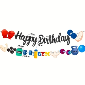 Bannière d'anniversaire thème fitness avec haltères et gants de boxe pour fête