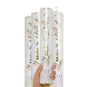 Set of four white handheld confetti cannons featuring golden butterfly and Make It Rain slogan